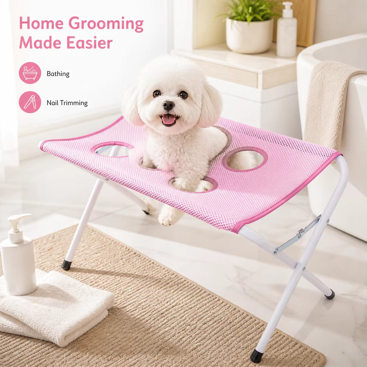 Pet Grooming Hammock Stand Foldable Cat Dog Bathing Rack Quick Dry Mesh Nail Trimming Holder for Small Medium Pets