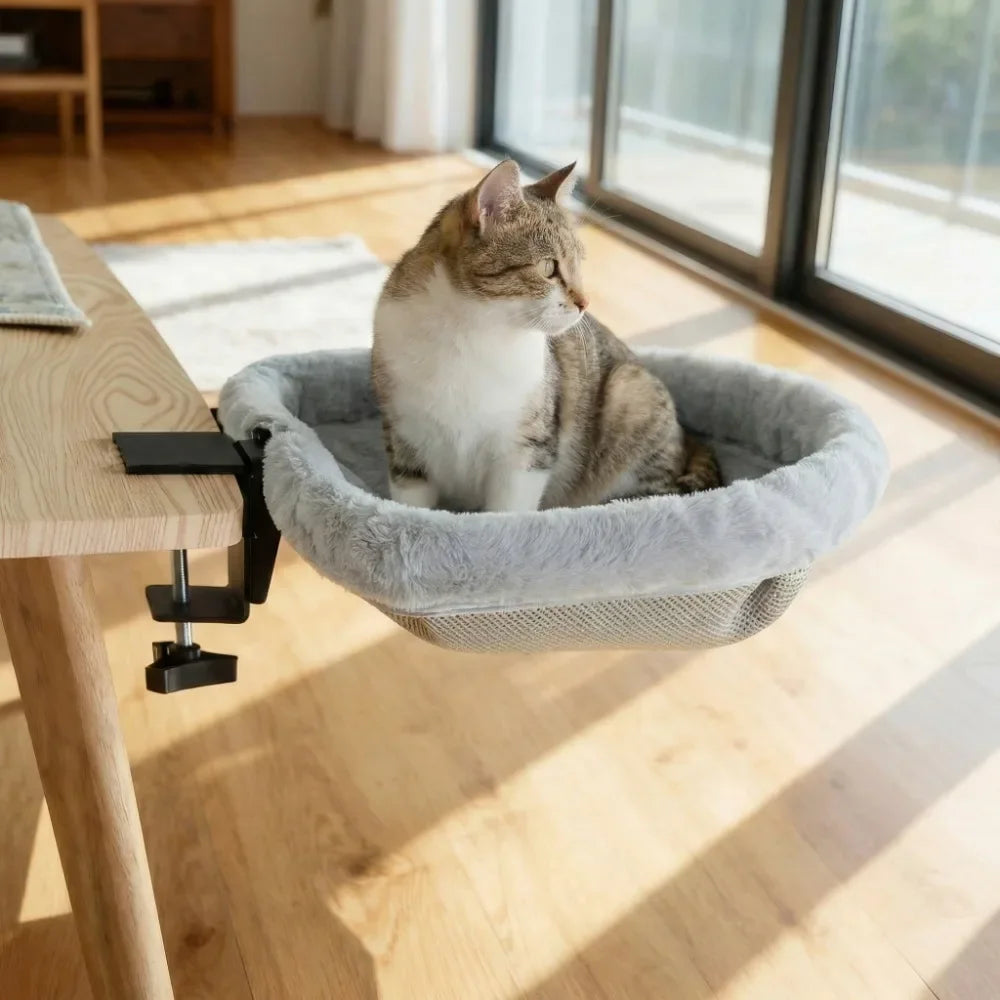 Creative Semi-Circular Cat Table Bed Space Saving Detachable Folding Cat Bed Soft Non-Slip Clamp Cat Desk Hammock Computer Desk