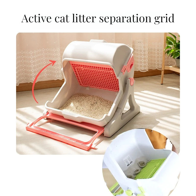 Semi Enclosed Cat Litter Box Manual Self‑Sifting Cats Sandbox No‑Electric Large Cat Toilet with Sifting Mesh Screen Easy Clean