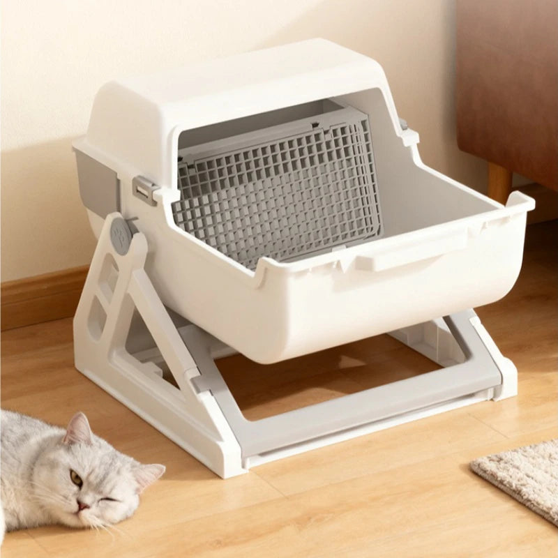 Large Size Semi Automatic Foldable Cat Litter Box Semi Closed Safe Durable Stable Universal Pet Cat Toilet for All Seasons