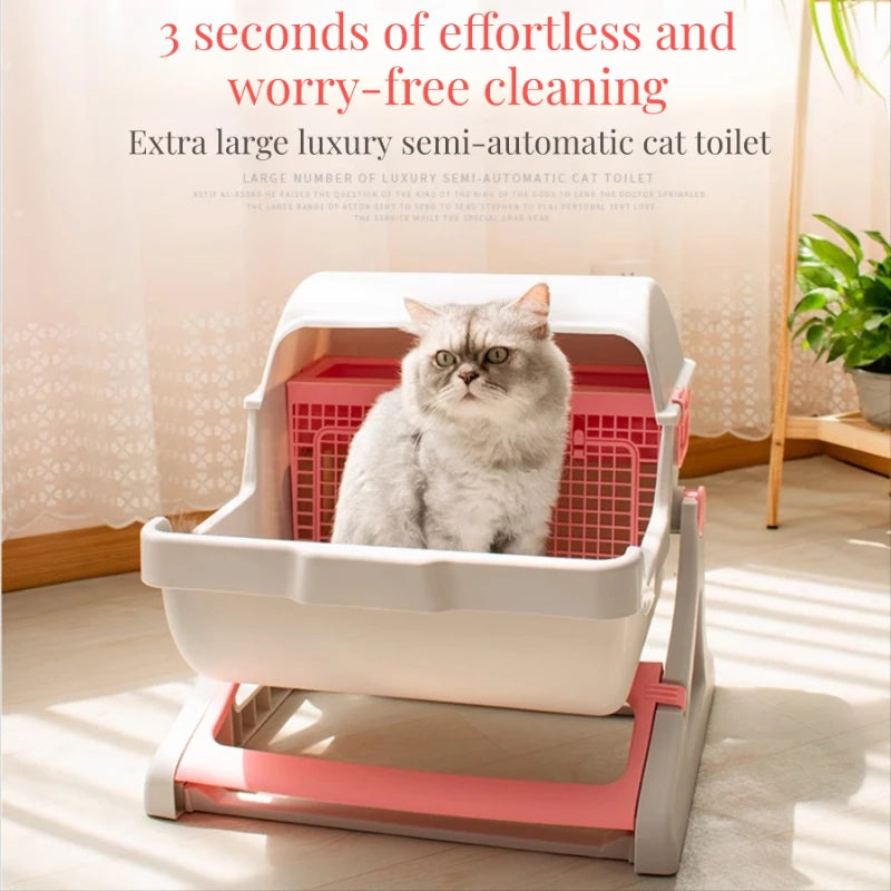 Semi Enclosed Cat Litter Box Manual Self‑Sifting Cats Sandbox No‑Electric Large Cat Toilet with Sifting Mesh Screen Easy Clean