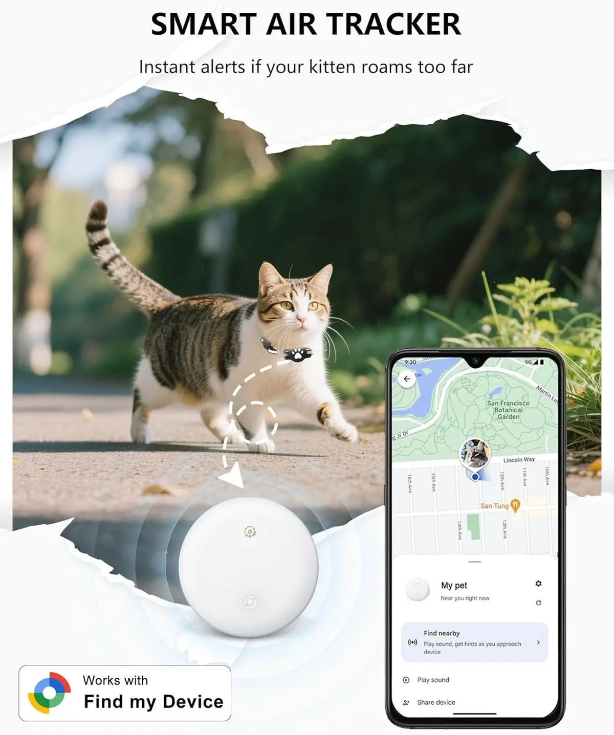 Bluetooth Tracker Compatible with Google Find My (Android Only), Tracker for Pets, Cat Location Tracker with Holder, Cat Collar